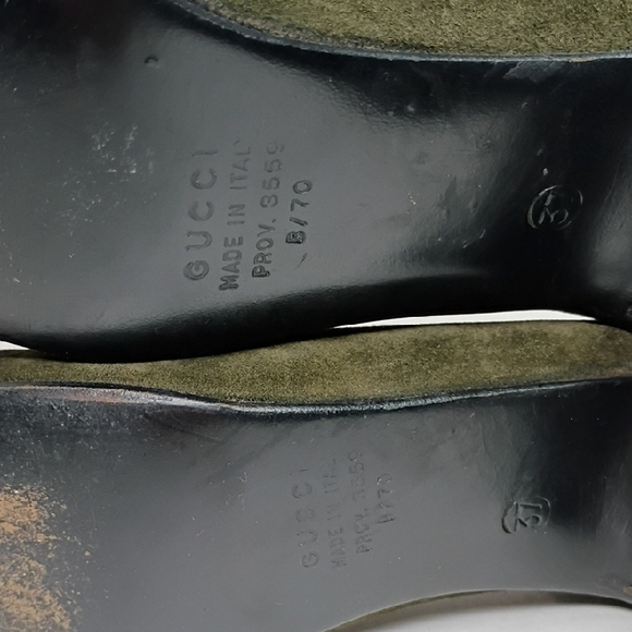Vintage Gucci Olive Green Suede Block Kitten Heel Loafers Size 37 6.5 Vintage - Picture 10 of 13